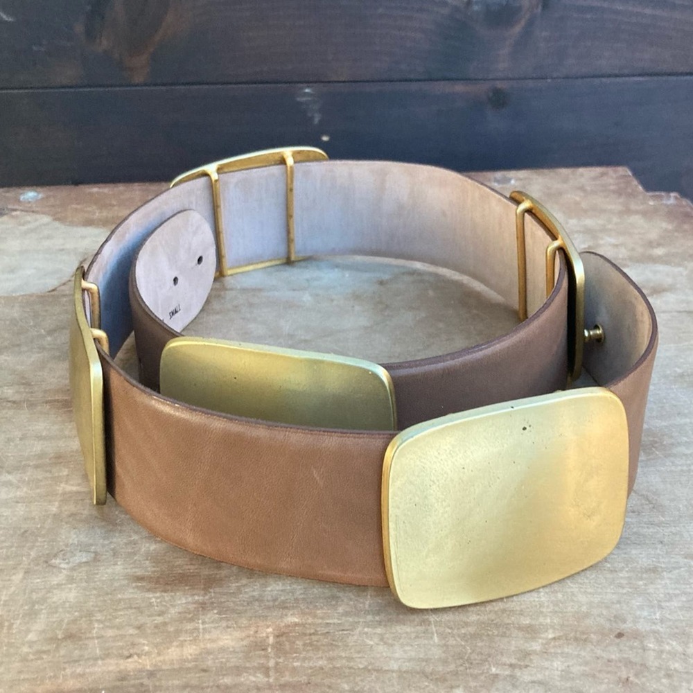 Donna Karan belt small leather chunky metal hardware western brown metallic